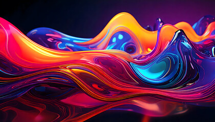 Abstract art fluid shapes reflecting red purple yellow  light and color with a gloss.