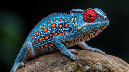 Fototapeta premium A vibrant blue chameleon with red and orange spots perches on a rock, its red eye gazing intently at the viewer.