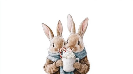 Fototapeta premium Cute Watercolor Rabbits Holding a Mug