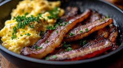 Fototapeta premium A pan of sizzling bacon strips, crispy and golden, served with a side of scrambled eggs