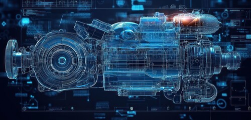 Obraz premium Future vehicle technology illustrated through an eco-friendly engine blueprint.
