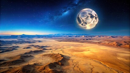 High-altitude aerial view of a vast desert landscape illuminated by a bright full moon, horizon, lunar, mountains, landscape, atmospheric effects