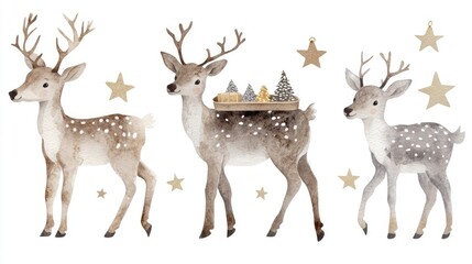 Obraz premium Cute Watercolor Reindeers with Decorative Elements