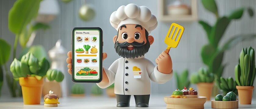 Cartoon chef holding a phone showing a food delivery app and a spatula.