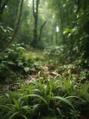 Obraz premium Lush green gras seed sprouting amidst ancient foliage in primeval forest, wild, beginning, outdoor