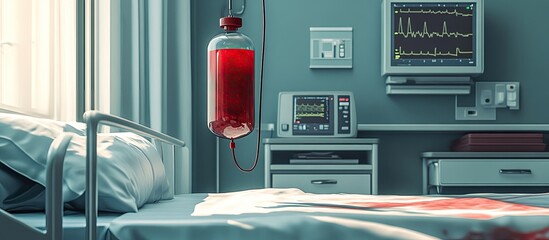 A hospital room with an empty bed, IV bag, and medical equipment.