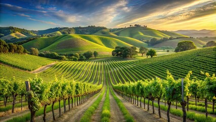 Fototapeta premium Lush green vineyard landscape with rolling hills and towering grapevines, scenic, winemaking