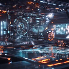 Obraz premium Futuristic Digital Interface with Advanced HUD Display in Sci-Fi Control Room Photo
