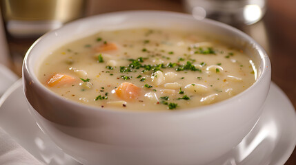 Bowl of soup with a white bowl and a white plate. The soup is full of vegetables and has a creamy texture
