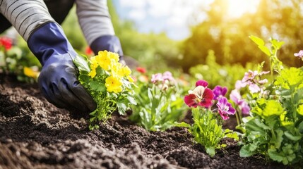 Fototapeta premium A gardener planting flowers in rich soil under a sunny sky.