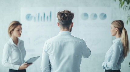 Business analysts present financial strategies to colleagues in a modern office setting, utilizing charts and graphs for effective communication and collaboration. Business Planning Concepts 2025.