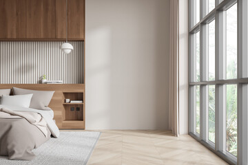 Minimalist bedroom with an empty wall and large windows. 3D Rendering © ImageFlow
