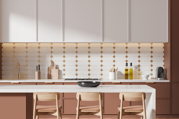 Home kitchen interior with bar counter and chairs, shelves and kitchenware
