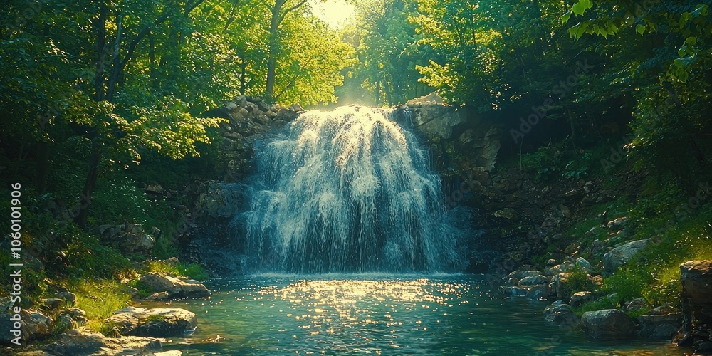 Poster tranquil waterfall cascadng into a pool surrounded by lush green trees