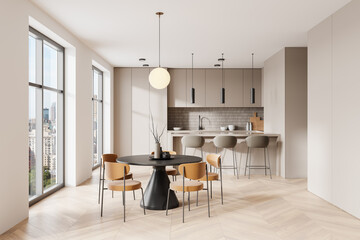 Fototapeta premium Home kitchen interior with dining table, bar counter and cabinet near window