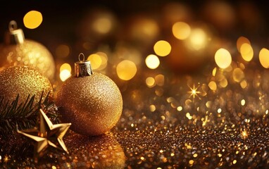 Golden Christmas Sparkles: A luxurious background featuring glistening golden bokeh lights and subtle stars. The warm, glowing ambiance radiates across a rich, dark backdrop, 