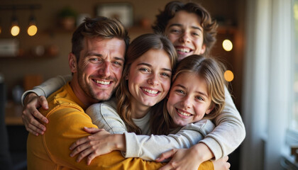 Fototapeta premium A joyful family embraces each other in a cozy living room filled with warm lights at sunset