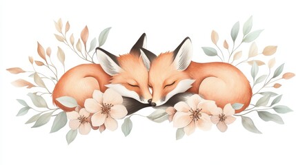 Two foxes are sleeping in a bed of flowers