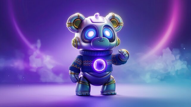 Futuristic robotic bear in ugly sweater alien in space