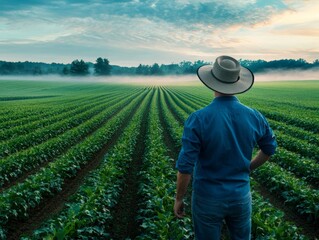 Fototapeta premium Farmer in Early Morning Light over Green Fields