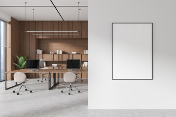 Stylish office business room interior with panoramic window. Mockup frame