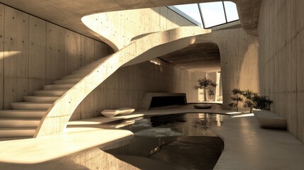 Fototapeta premium Modern minimalist interior with a curved staircase, a small pool of water, and a potted plant.