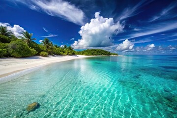 Fototapeta premium Secluded beach with white sand and crystal clear waters surrounded by a coral barrier, beach scene, island getaway, turquoise water, sea urchin, secluded cove