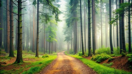 Obraz premium Serene nature landscape featuring a misty forest with tall trees and a winding dirt path, peaceful atmosphere, outdoor spaces, wilderness areas, calming decor