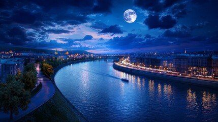 Naklejka premium Majestic River Winding Through Cityscape at Night