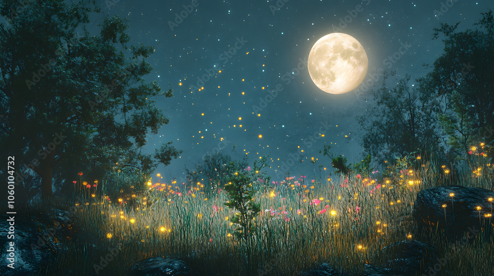 Poster a serene night scene featuring a bright moon illuminating a field of glowing flowers and shimmering 