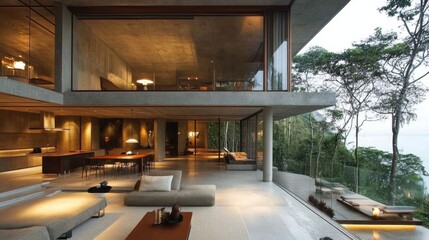 Fototapeta premium Modern concrete house with large windows overlooking a lush green forest and ocean.