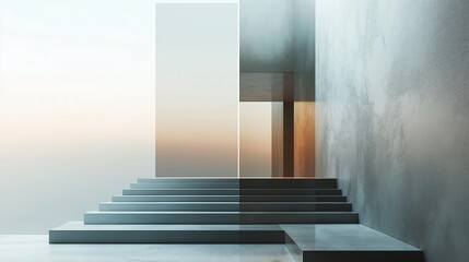 Fototapeta premium Minimalist stairs with gradient walls and light effects. Modern architecture visualization