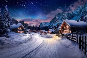 Serene Mountain Village Under Starry Night Sky
