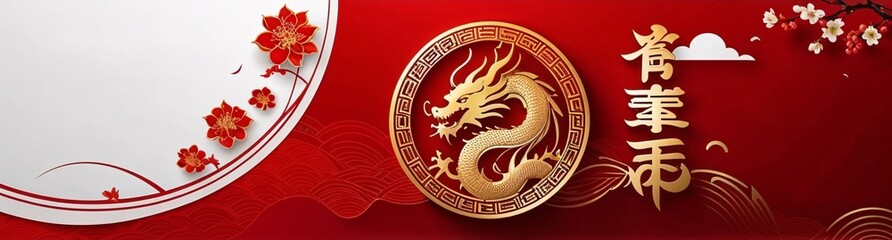 Fototapeta premium 2025 Chinese new year, year of the dragon banner template design with dragons, clouds and flowers background. Chinese translation: Dragon