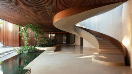 Fototapeta premium A modern, minimalist home with a curved staircase and a pool in the background.