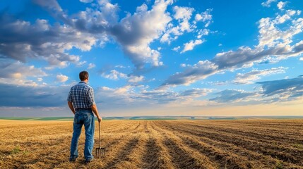 Farmer in Vast Open Field at Sunset