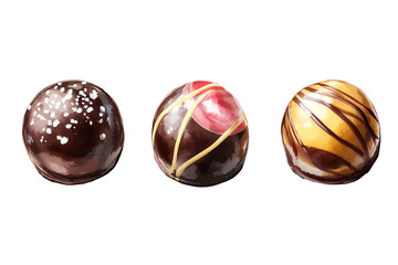 A collection of delicious chocolate truffles with various toppings on a white isolated background.