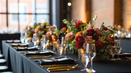 Elegant dining setup with floral arrangements for a special event.