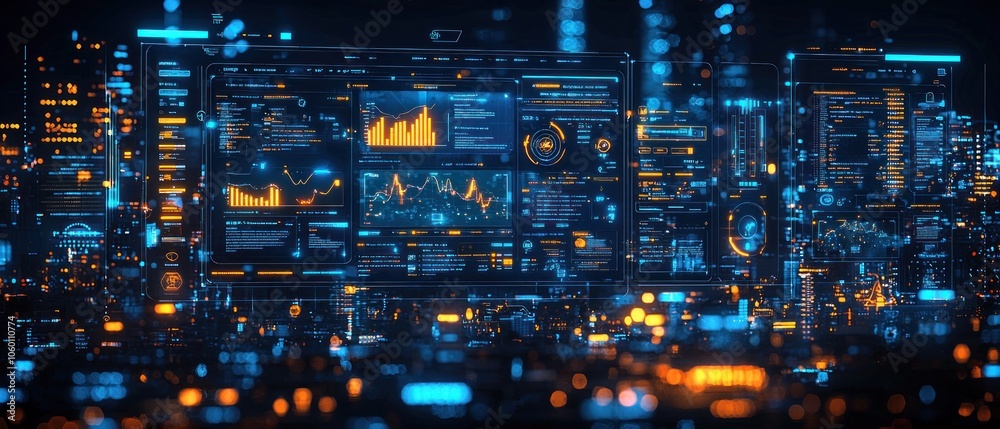Poster futuristic digital interface with city lights in the background