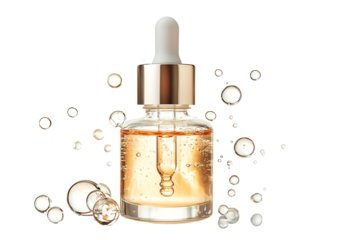 A stylish dropper bottle of facial serum with bubbles, isolated on a white background.