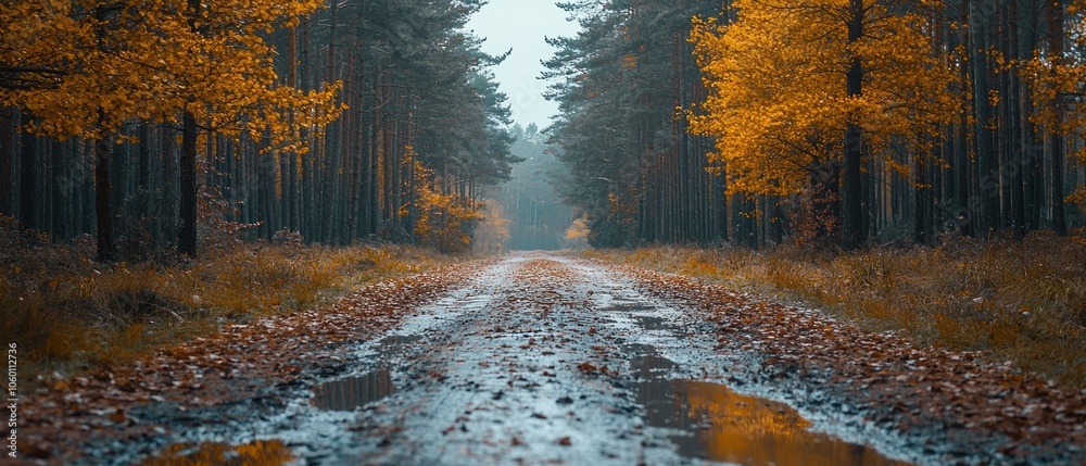 Poster A Muddy Forest Path Lined with Golden Trees