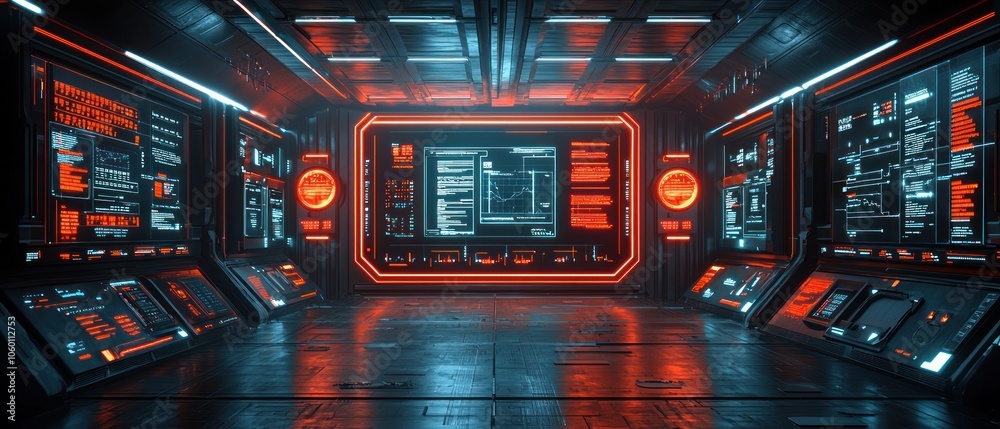 Aufkleber futuristic spaceship corridor with red and blue neon lights and digital displays