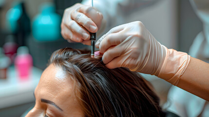 Naklejka premium womanman receiving advanced hair follicle treatment from a dermatologist to cure baldness and promote hair growth, showcasing a medical solution to hair loss issues