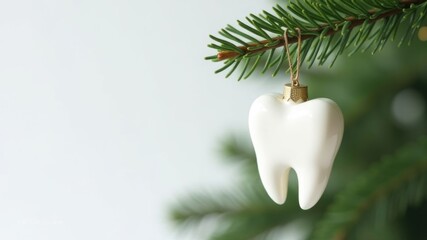 Unique tooth-shaped christmas ornament hanging on a festive tree branch in a dental office with space for text, congratulations, advertising