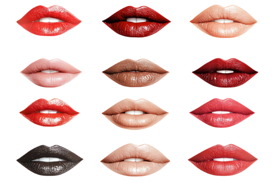 Array of beautifully styled lips showcasing various lip colors and textures on a white isolated background.