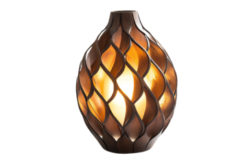 Artistic wooden lamp with intricate design, casting warm light, perfect for home decor and ambiance enhancement.