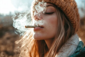 Close up photography of an individual enjoying a cannabis joint in a relaxed setting