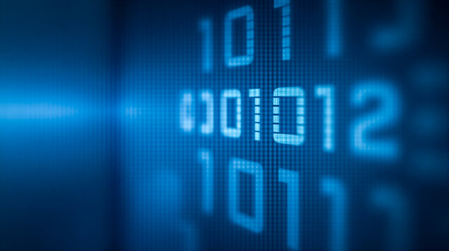 Digital binary code on blue background, close-up of data encryption technology, information processing concept with zeros and ones in sharp focus for modern computing imagery