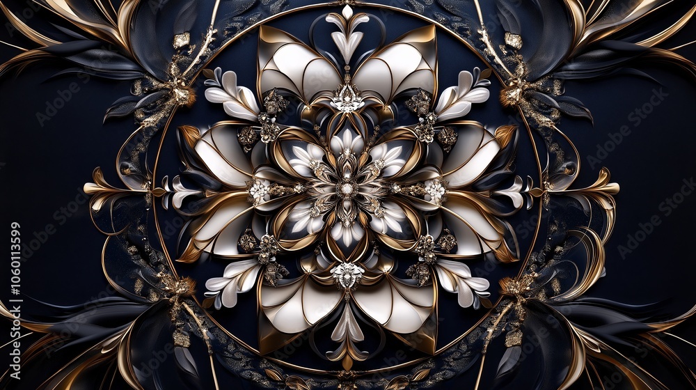 Poster a beautiful mandala with intricate patterns in gold and white on a dark background.