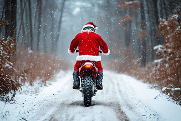 Santa Claus Riding a Dirt Bike in the Snow